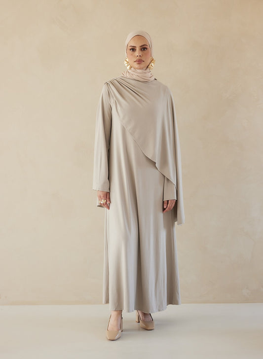 FLOWY CAPE DRESS - GREIGE